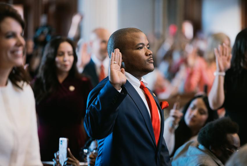 State Rep. Venton Jones, D-tktktk, takes the oath of office from his desk on the house floor on the first day of the 88th legislature on Jan 10, 2023.