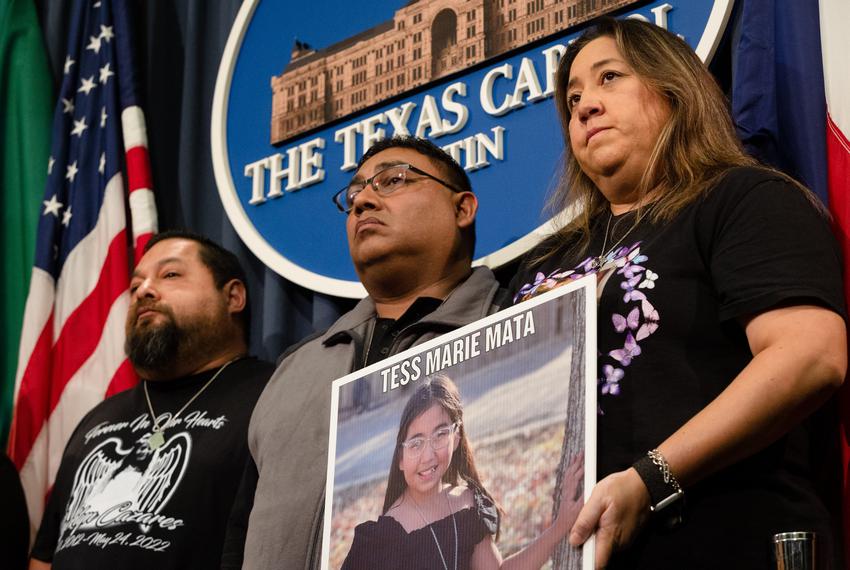 Families of the victims of the Uvalde school shooting gather to attend a presser held by state Sen. Roland Gutierrez, D-San Antonio, where he introduced four new bills that will address qualified immunity for police officers, allow victims to sue the State of Texas, repeal the protection of the Lawful Commerce in Arms act, and create a permanent compensation fund for victims of school gun violence, at the state Capitol in Austin on Jan. 24, 2023.