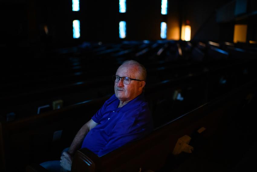 Danny Hardy inside the worship center at First Baptist Church in Deer Park, Texas, on February 6, 2023. As the church’s head of security, Hardy was tasked with protecting his congregation in the fire’s earliest hours. “All of a sudden, alarms on our phones started going off,” he said. “We knew it was a fire and it was pretty major.”