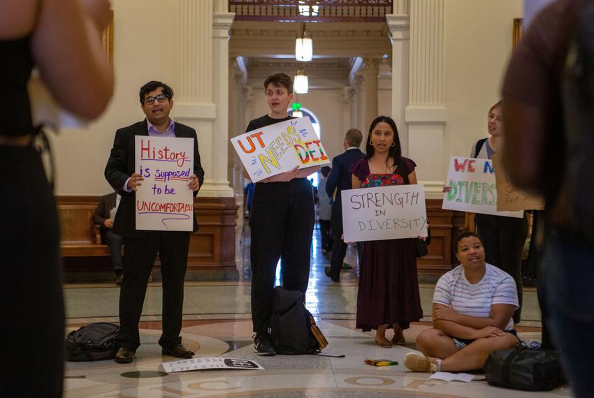 Nearly 40 protestors with Texas Students for Diversity, Equity and Inclusion join in chants against HB1 Rider No. 186, which would defund DEI initiatives at public universities, at the State Capitol rotunda on Mar. 23, 2023.