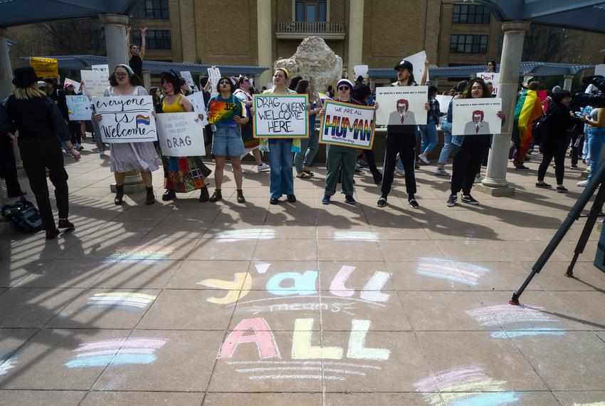 Students rallied against the university president’s decision to cancel a drag performance at West Texas A&M University on March 23, 2023.