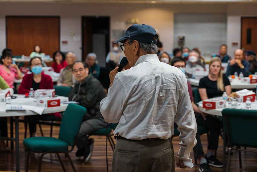 Su Chong Yun, a senior Korean member of the Woori Juntos community, shares his personal story to his fellow community about not having access to Korean translated materials to apply for Medicare in Houston, on Thursday, March 23, 2023.