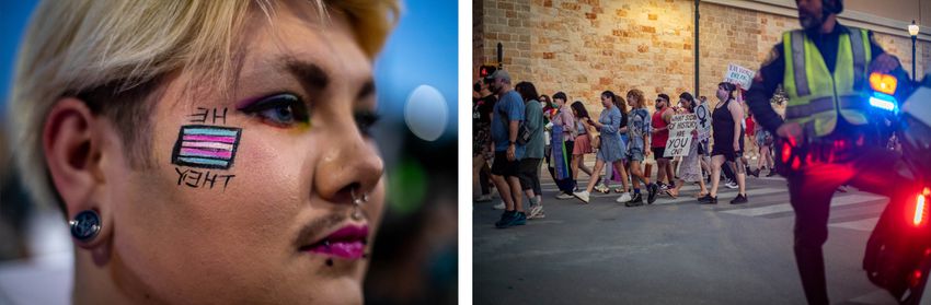 First: Xen Dennis marches for Trans Day of Visibility in San Antonio on March 3. Last: Demonstrators march behind a police escort for Trans Day of Visibility in San Antonio.