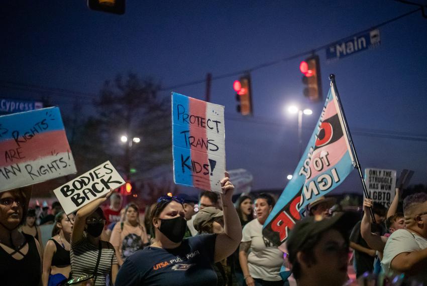 Demonstrators march for Trans Day of Visibility in San Antonio on March 31, 2023.