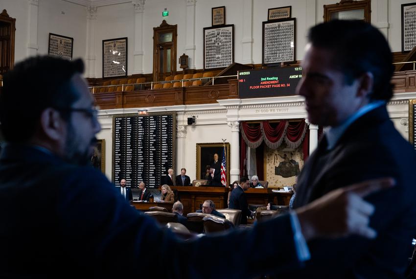 State Rep. Diego Bernal, D-San Antonio, talks with Rep. Morgan Meyer, R-Dallas, during budget discussions on the House floor at the state Capitol on April 6, 2023.
