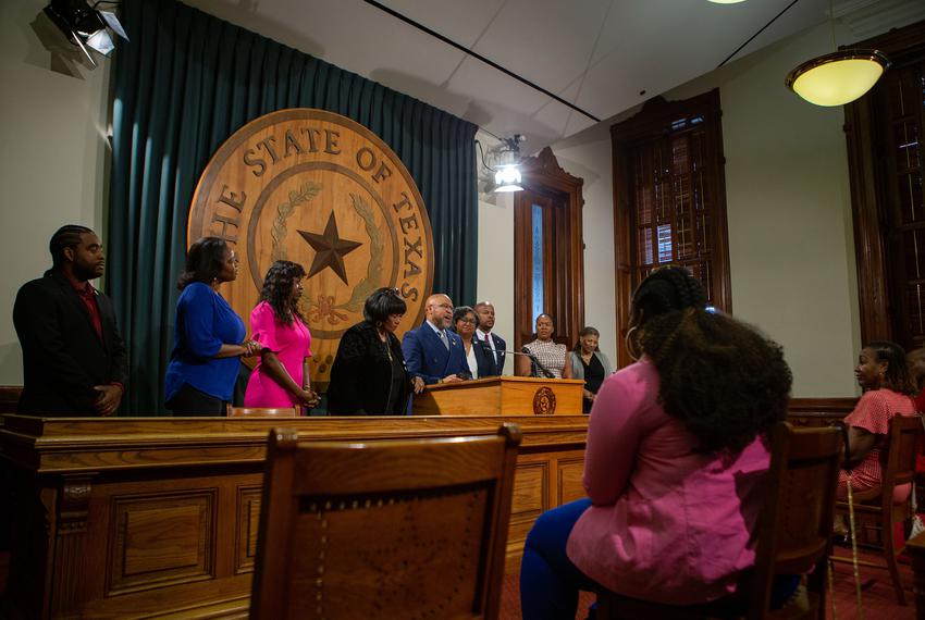 State Rep. Ron Reynolds urges the passage of the CROWN act during a press conference held by the Texas Legislative Black Caucus in the state capitol on April 13, 2023.