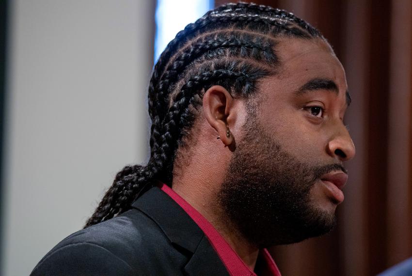 Dakari Davis, an officer in the DART Police Department in Dallas, speaks about the racial discrimination he faced in the workplace due to his hair style during a press conference advocating for the passage of the CROWN Act, in the state Capitol on Apr. 13, 2023. 
“In 2019 I was recommended for termination,” Davis said. “Not because I violated the oath I took to protect Texans. Not because I violated the trust of the community, but solely due to this ethnic hairstyle that I wear all before all of you today.”