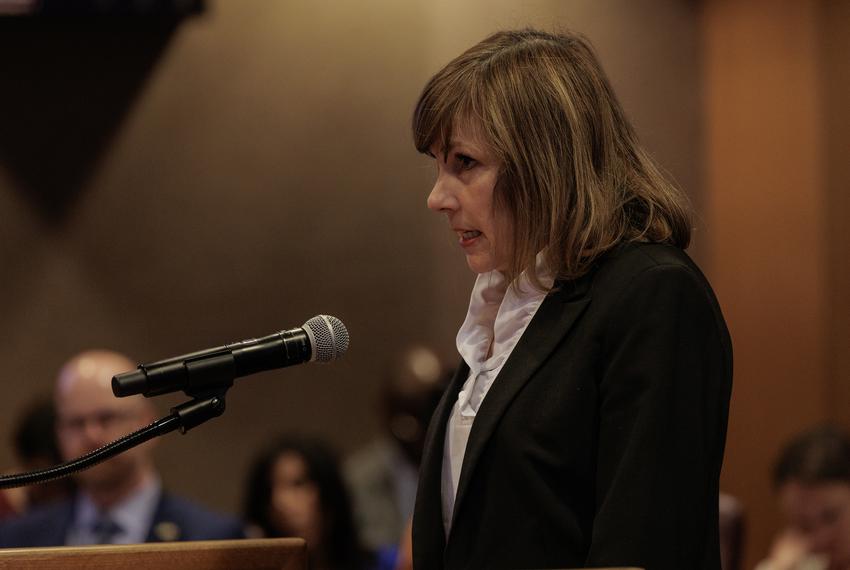 Karen Wiseman comments on an item concerning the current electronic poll book system in place during a Tarrant County Commissioners Court meeting in Fort Worth on April 18, 2023.