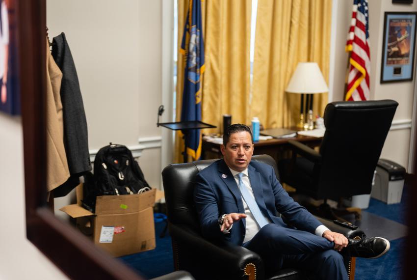 U.S. Rep. Tony Gonzales, a Republican representing the Texas’ 23rd district, talks during an interview in his office at Rayburn House Office Building in Washington, D.C. on April 28, 2023. Gonzales is a member of the House Appropriations Committees. (Eric Lee for The Texas Tribune)