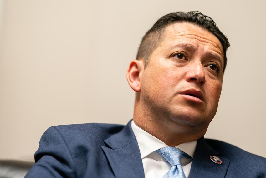 U.S. Rep. Tony Gonzales, a Republican representing the Texas’ 23rd district, talks during an interview in his office at Rayburn House Office Building in Washington, D.C. on April 28, 2023. Gonzales is a member of the House Appropriations Committees. (Eric Lee for The Texas Tribune)