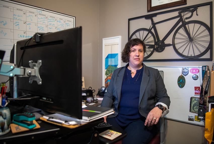 Tara Goddard, assistant professor within the Texas A&M School of Architecture's Department of Landscape Architecture and Urban Planning, is pictured at her home office in College Station.