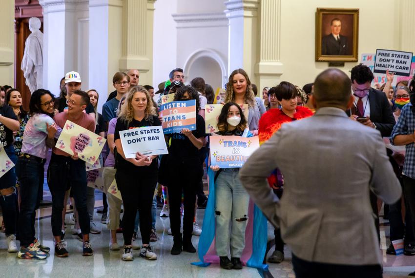 Demonstrators protest SB14, a bill to eradicate gender transition healthcare for trans kids in Texas, while the bill is heard in the House at the state capitol on May 2, 2023.