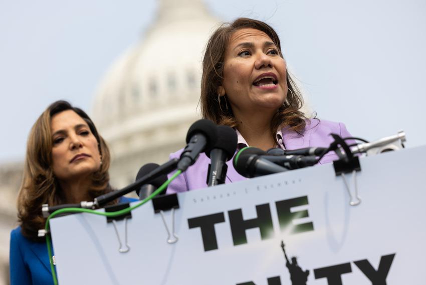 U.S. Reps. Veronica Escobar, D-Texas, and Maria Salazar, R-Florida, introduce the "Dignity Act" outside the Capitol during a news conference on immigration policy, Tuesday, May 23, 2023, in Washington, D.C. (Julia Nikhinson for The Texas Tribune)
