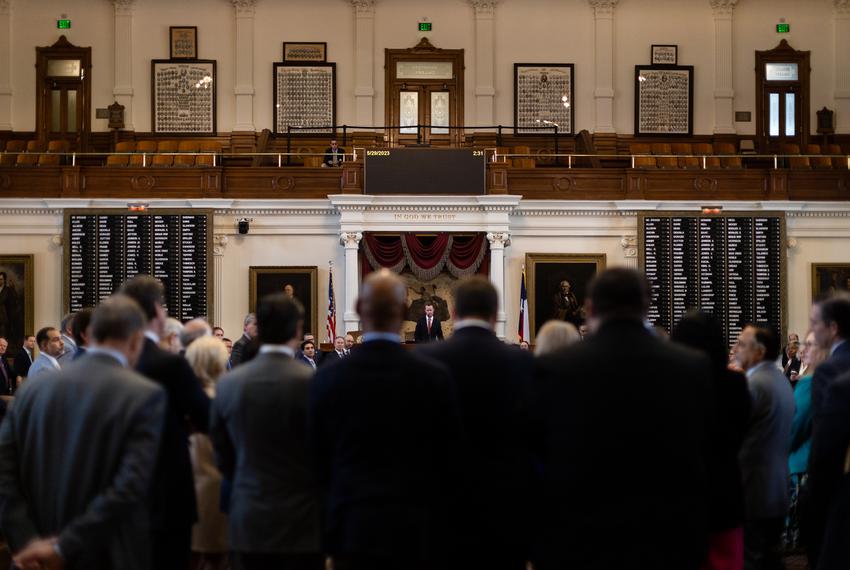 House Speaker Dade Phelan listens to state Representatives on the House floor during Sine Die, the last day of the 88th Texas Legislative Session, at the Capitol in Austin on May 29, 2023.