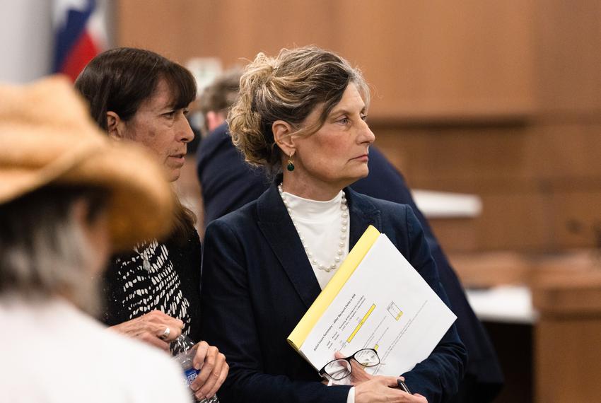 Laura Pressley, a self-styled poll-watching expert and vocal opponent of electronic voting systems, waits with Jeannette Hormuth, a poll watcher during the 2019 special election, during an intermission of a trial disputing the integrity of a special election, held in November 2019 which concerned the vote to remove fluoride from the city’s water, at the Gillespie County Jail in Fredericksburg, on Oct. 10, 2022. The trial was ultimately ruled in favor of the city.