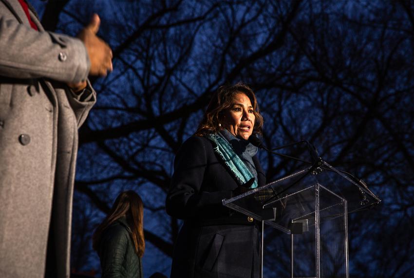 Congresswoman Veronica Escobar speaks at a candle light vigil held in front of the U.S Capitol grounds. Washington, D.C. Jan. 6, 2022.
