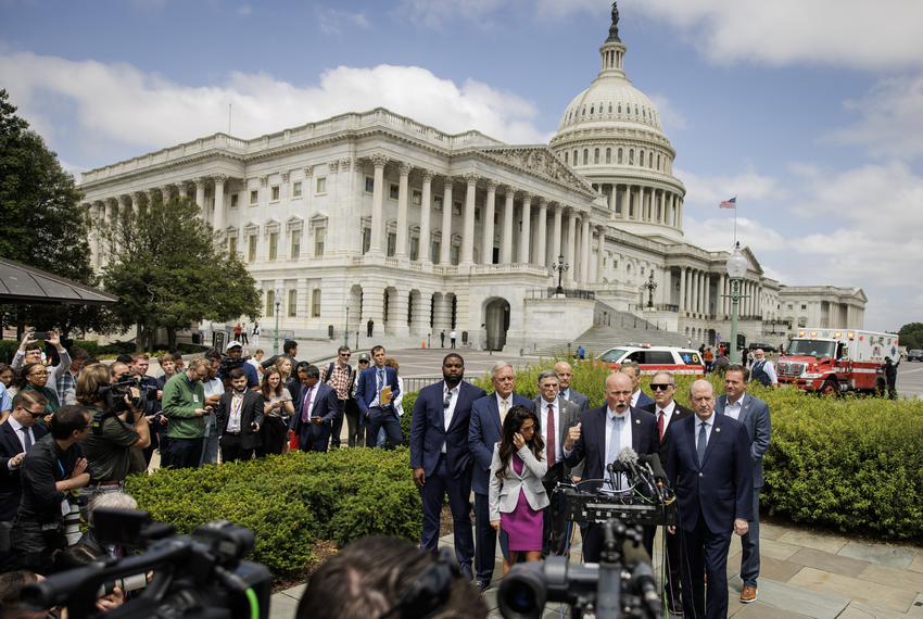 US Representative Chip Roy, a Republican from Texas, speaks during a press conference alongside other members of the House Freedom Caucus outside of the US Capitol building on May 30, 2023 in Washington, D.C. Congress begins to examine the Fiscal Responsibility Act of 2023 which would eliminate the debt limit for two years alongside other stipulations that Speaker McCarthy and President Biden have reached an agreement on.