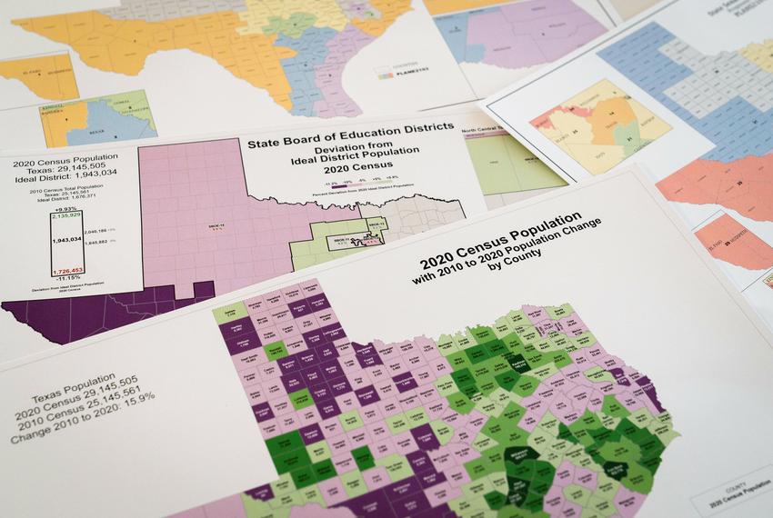Census data from 2020 and redistricting maps at The Texas Tribune office in Austin on Oct. 7, 2021. The state population grew by nearly 4 million and was driven mainly by people of color.