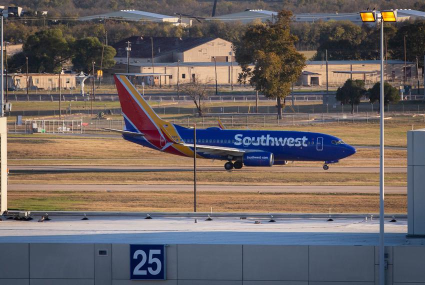 A Southwest Airlines jet on the tarmac at Austin-Bergstrom International Airport the day before Thanksgiving on Nov. 25, 2020.