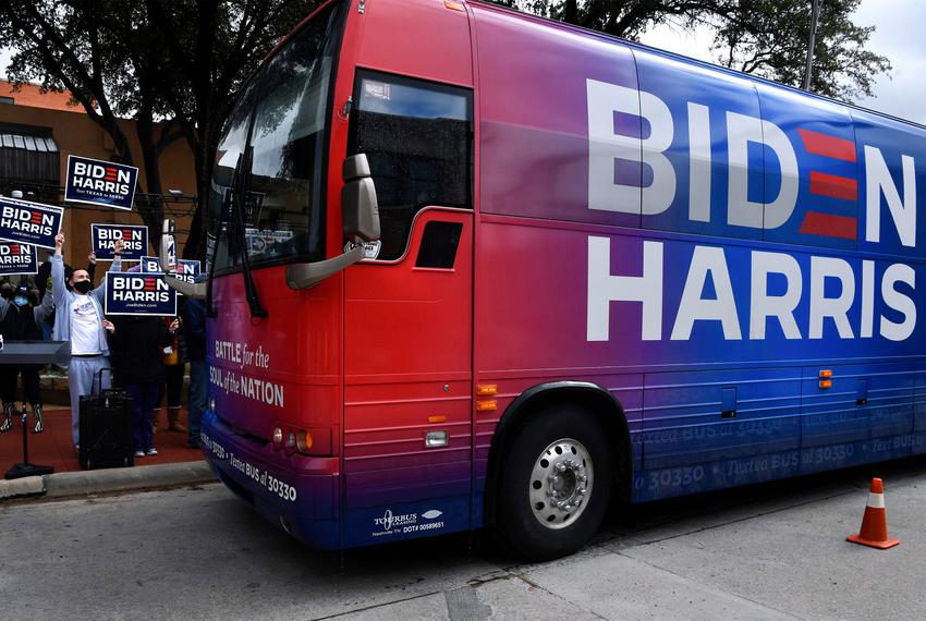 The Biden-Harris campaign bus arrives in Abilene on Oct. 28, 2020.