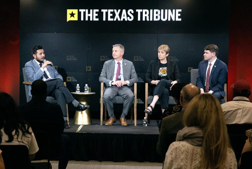 From left: Texas Tribune politics reporter James Barragán moderates a discussion on drug harm reduction and the state Legislature with Rep. Tom Oliverson, R-Cypress, Cate Graziani, executive director of the Texas Harm Reduction Alliance, and Rep. James Talarico, D-Round Rock, at the Tribune's Studio 919 event space in Austin on April 11, 2023.