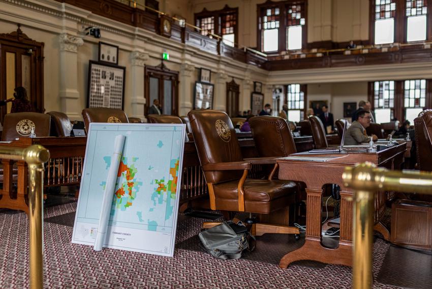 A map of Tarrant County shows Hispanics' voting age population on the House floor on Oct. 12, 2021.