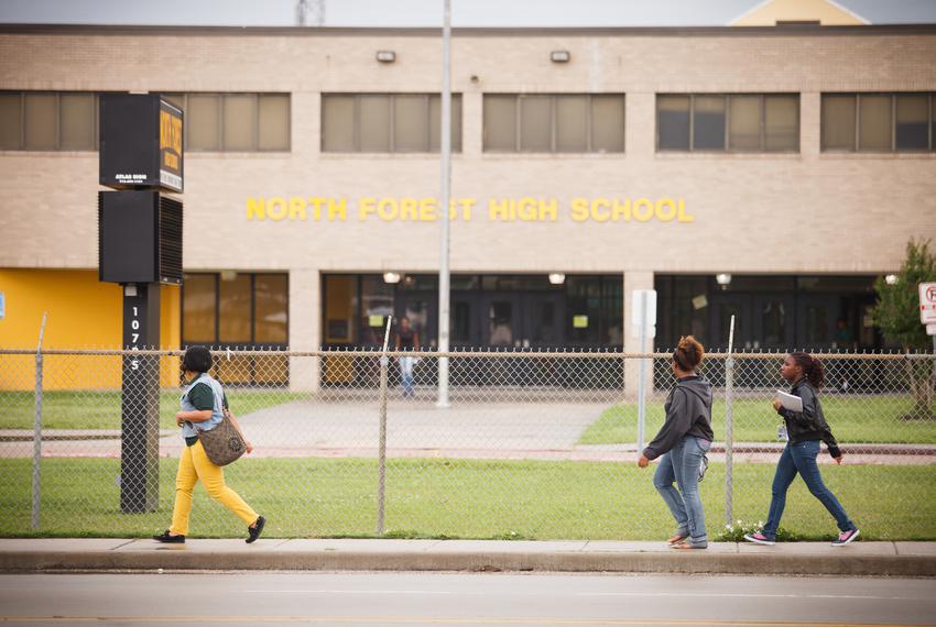Students outside North Forest High School in Houston.