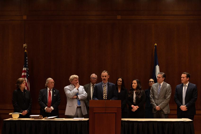 State Rep. Andrew Murr, R-Junction, head of the House impeachment managers, introduces Houston attorneys Dick DeGuerin and Rusty Hardin as prosecutors in the Senate trial of suspended Attorney General Ken Paxton, at the Capitol on June 1, 2023. From left: Rep. Ann Johnson, D-Houston, attorneys Dick DeGuerin and Rusty Hardin, Dan McAnulty, an investigator for the committee; Murr, Erin Epley, part of the House investigative team, Rep. Erin Gámez, D-Brownsville; Donna Cameron; Reps. Morgan Meyer, R-University Park, and Oscar Longoria, D-Mission.