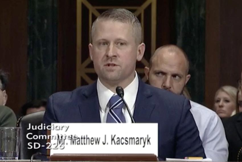 In a still image from a video, Matthew Kacsmaryk, deputy counsel for the First Liberty Institute, answers questions during his nomination hearing by the U.S. Senate Committee on the Judiciary at the U.S. Capitol in Washington, D.C., on Dec. 13, 2017.