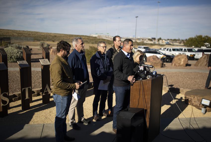 Rep. Tony Gonzales, middle, Congressman and GOP Leader in the U.S. House of Representatives, Kevin McCarthy, second from left,  and Rep. Dan Crenshaw, far left, and other members of the GOP give a press conferences outside the CBP station after touring the facility and the border earlier in the day, Tuesday, November 22, 2022, in El Paso, Texas. Photo by Ivan Pierre Aguirre for The Texas Tribune