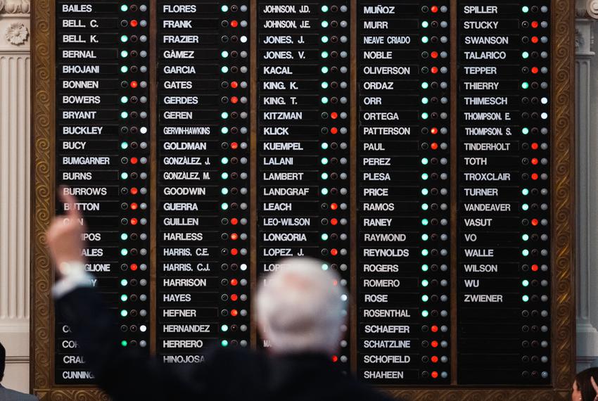 Members vote to approve an anti-voucher amendment brought by state rep. Abel Herrero, D-Robstown, during a marathon session on the House floor to approve HB-1 at the Capitol in Austin on April 06, 2023.
