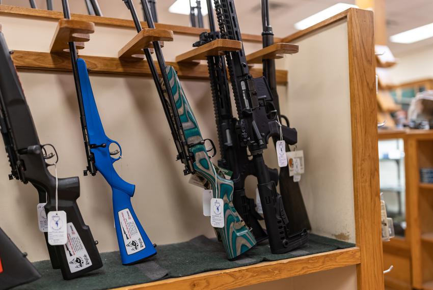 Small rifles meant for children, including a miniature AR-15, for sale at McBride’s Guns in Central Austin on Wednesday, April 20, 2021.