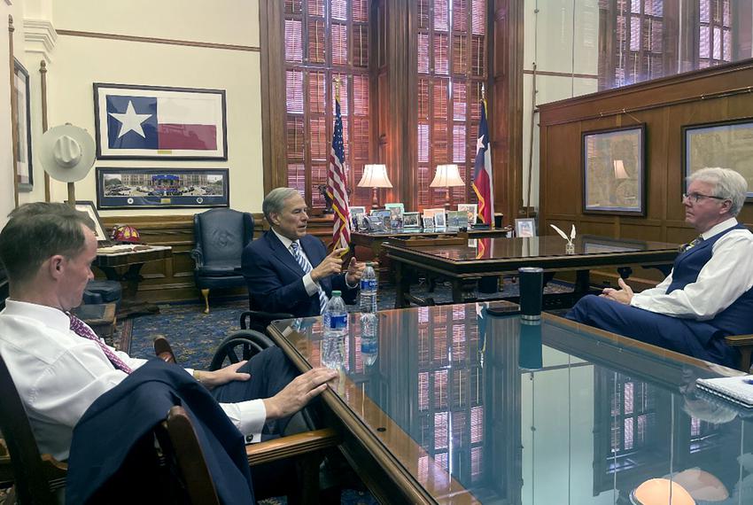 Texas House Speaker Dade Phelan, Gov. Greg Abbott and Lt. Gov. Dan Patrick in the governor's office on Monday, May 22, 2023.