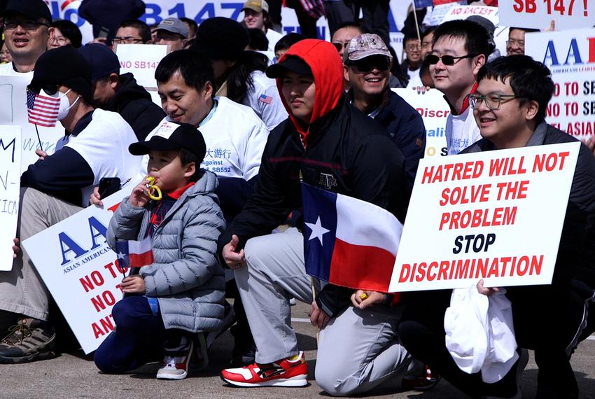Protesters gathered in Houston on Feb. 10, 2023 against SB 147, which at the time would have prevented citizens from China and other countries from purchasing land in Texas.