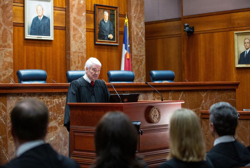 Chief Justice Nathan Hecht delivers the State of the Judiciary speech at the Texas Supreme Court building in Austin on April 5, 2023.