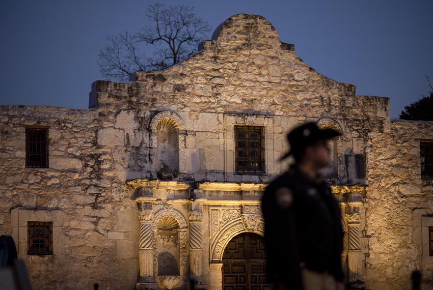 An Alamo Ranger guards the Alamo on the evening of Jan. 7, 2020.