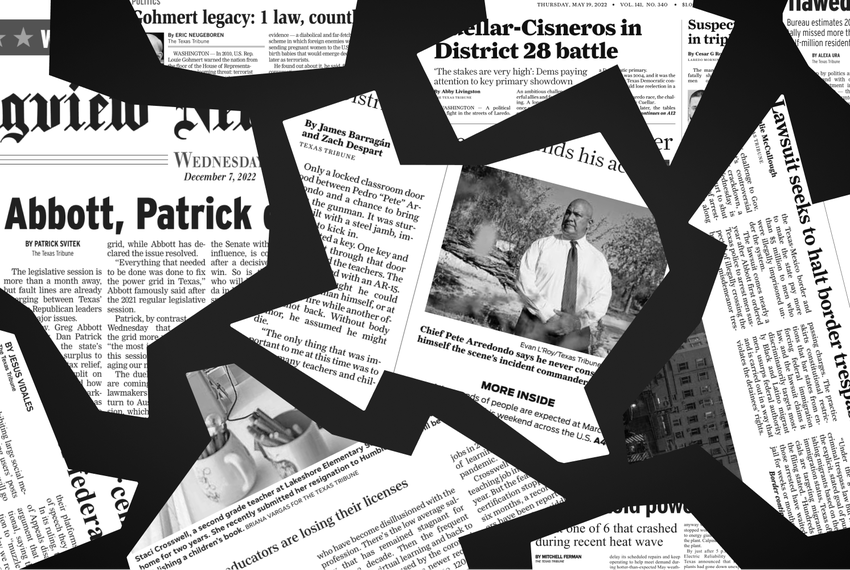 Collage of print newspapers featuring Texas Tribune articles