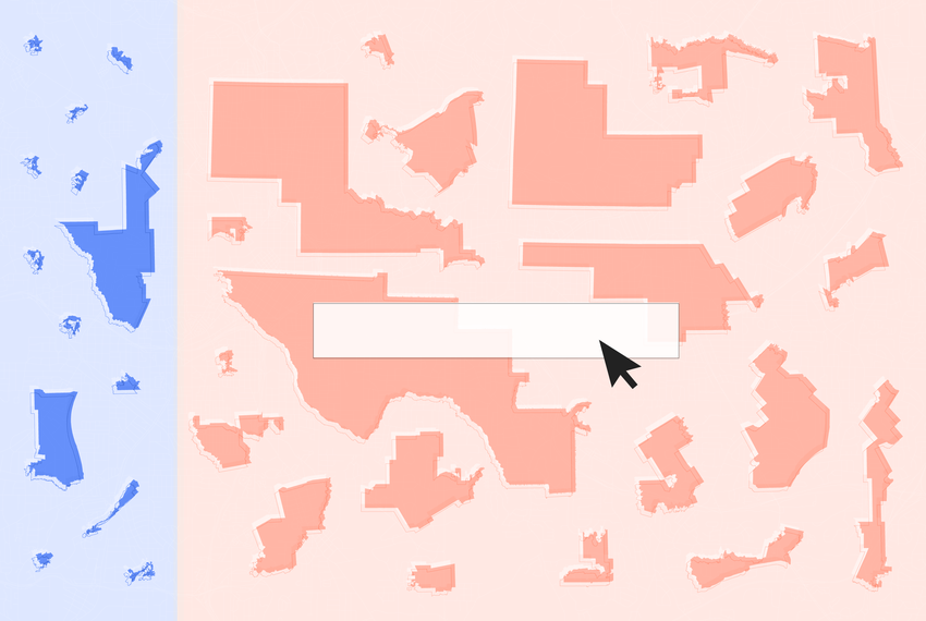 Illustration showing Texas congressional districts and a search box.