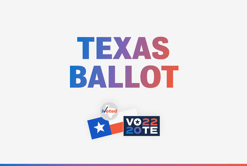 An illustration of a Texas flag and a sticker that says "Vote 2022". On top of that, letters with gradient colors going from blue to red say "Texas Ballot".